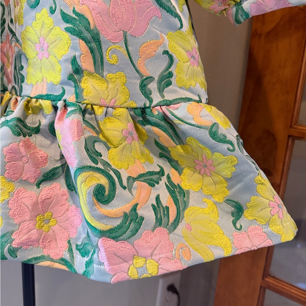 Floral Brocade Puff-Sleeve Mini Dress in Pastel Yellow & Pink - Picture 6 of 8
